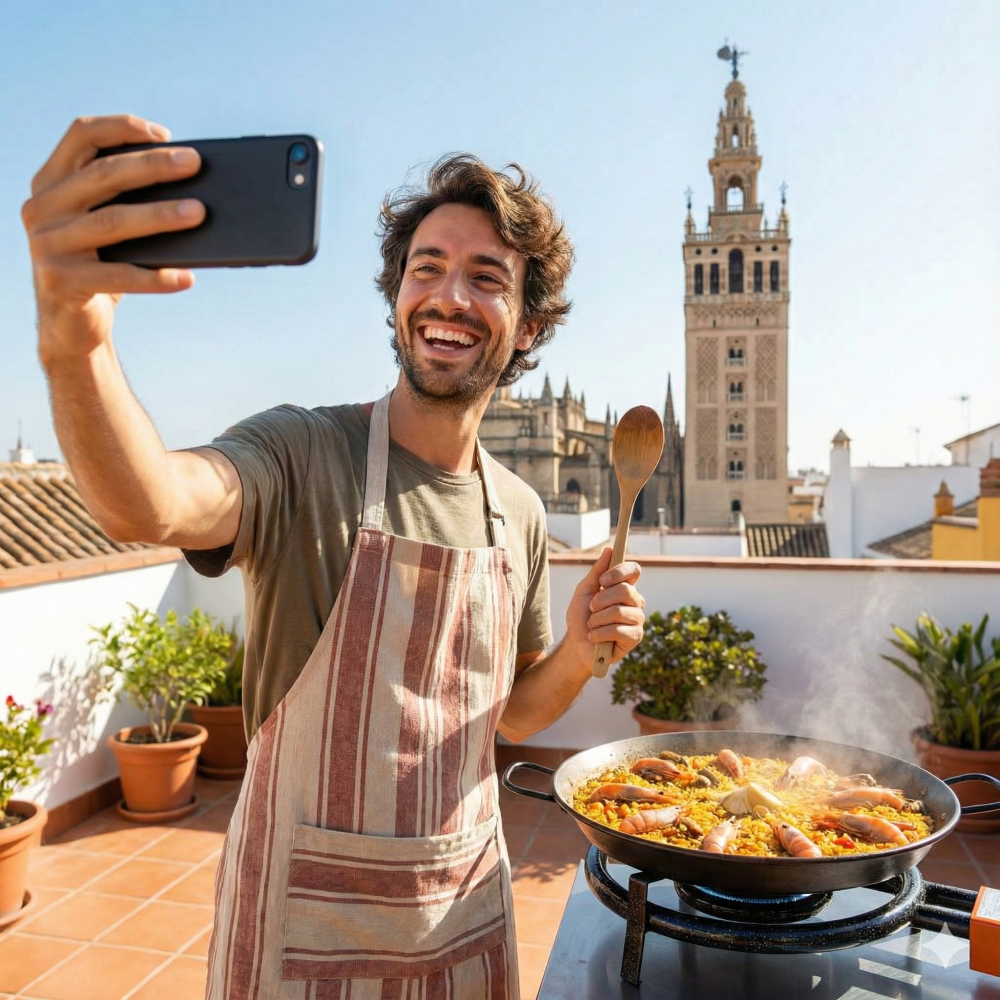Guest taking a selfie with his paella and the Giralda at Paella Legacy in Seville